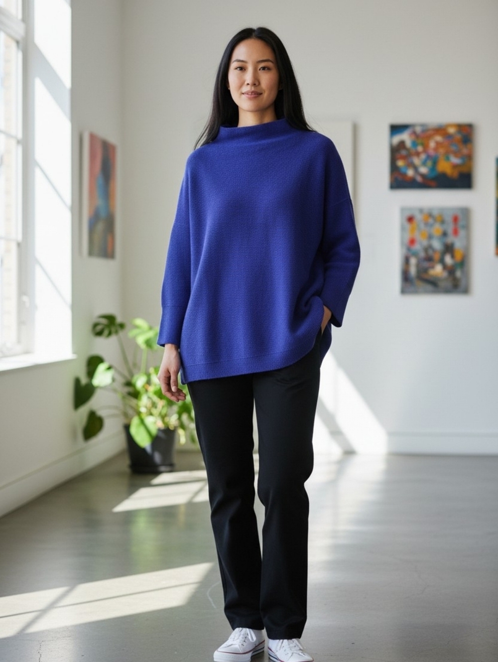 Free People Ottoman Cozy Funnel Neck Sweater - Royal Blue Bohemian Winter